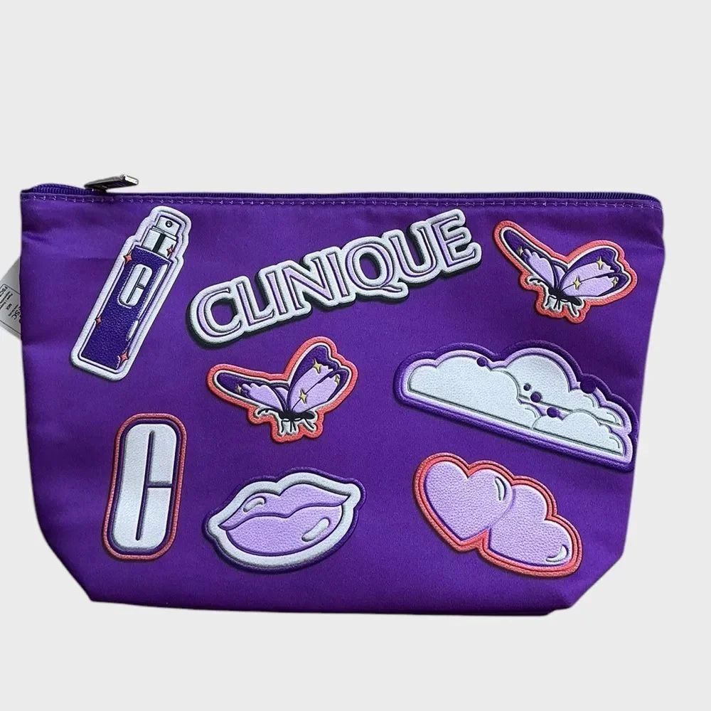Clinique Purple Cosmetic Bag Makeup Pouch Butterfly Patch Travel Toiletry Bag